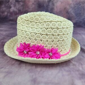 🩵Justice Cream & Hot Pink Flowers Fedora Girl's Hat One Size